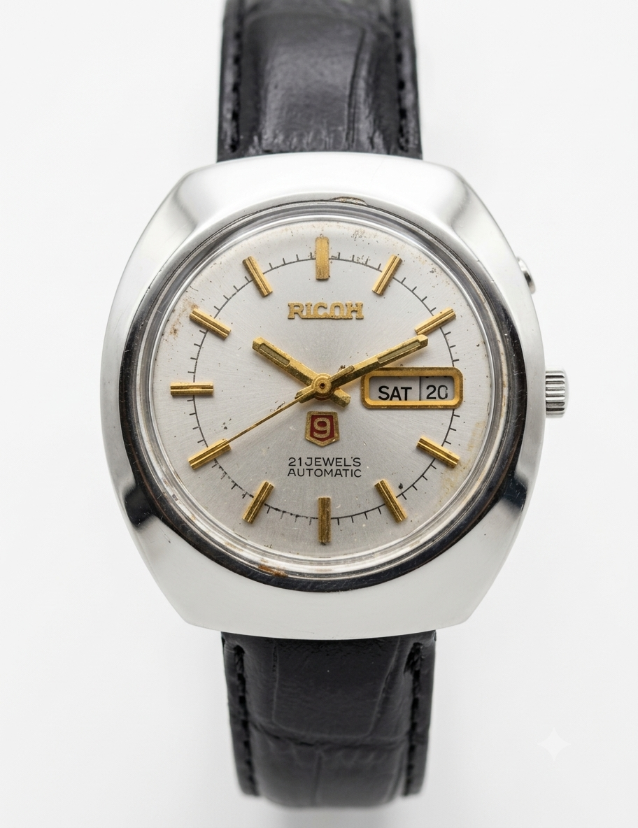 Vintage Ricoh R31 Automatic Silver Face New Strap 21 Jewels Day-Date Men's Wrist Watch AS17