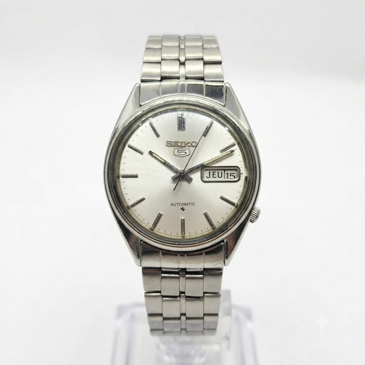 Vintage 1980 Original Seiko 5 Automatic 6309-7150 Silver face 17 Jewels Day-Date Japanese Men's Wrist Watch OG290