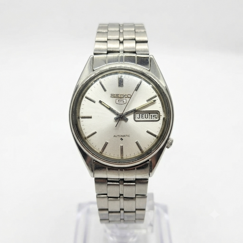 Vintage 1980 Original Seiko 5 Automatic 6309-7150 Silver face 17 Jewels Day-Date Japanese Men's Wrist Watch OG290
