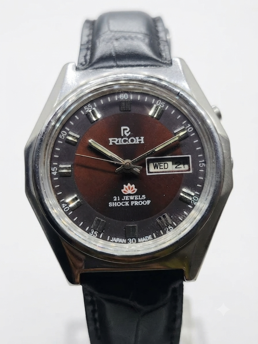 Vintage Ricoh R31 Automatic Brown Face New Strap 21 Jewels Day-Date Men's Wrist Watch AS32
