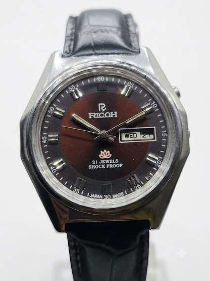 Vintage Ricoh R31 Automatic Brown Face New Strap 21 Jewels Day-Date Men's Wrist Watch AS32