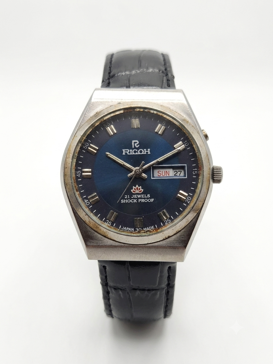 Vintage Ricoh R31 Automatic Blue Face New Strap 21 Jewels Day-Date Men's Wrist Watch AS21