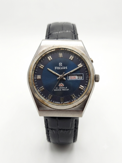 Vintage Ricoh R31 Automatic Blue Face New Strap 21 Jewels Day-Date Men's Wrist Watch AS21