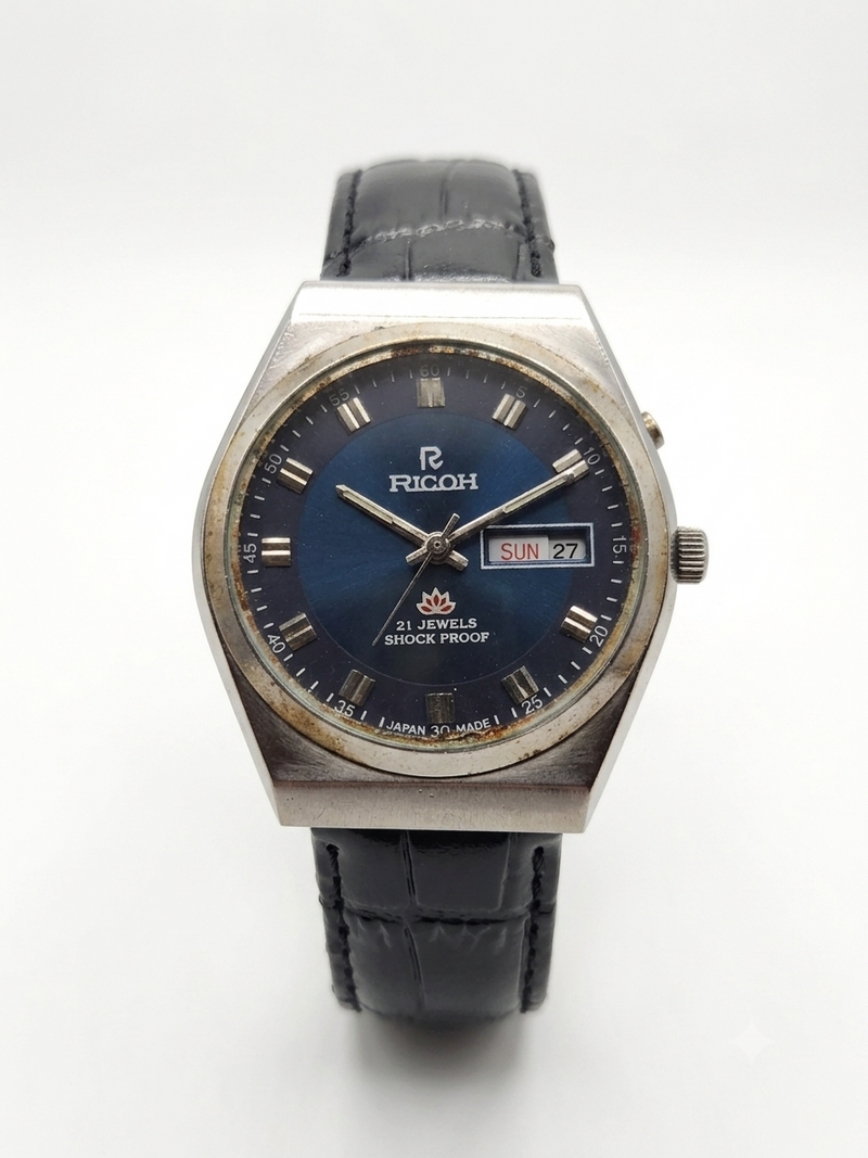 Vintage Ricoh R31 Automatic Blue Face New Strap 21 Jewels Day-Date Men's Wrist Watch AS21