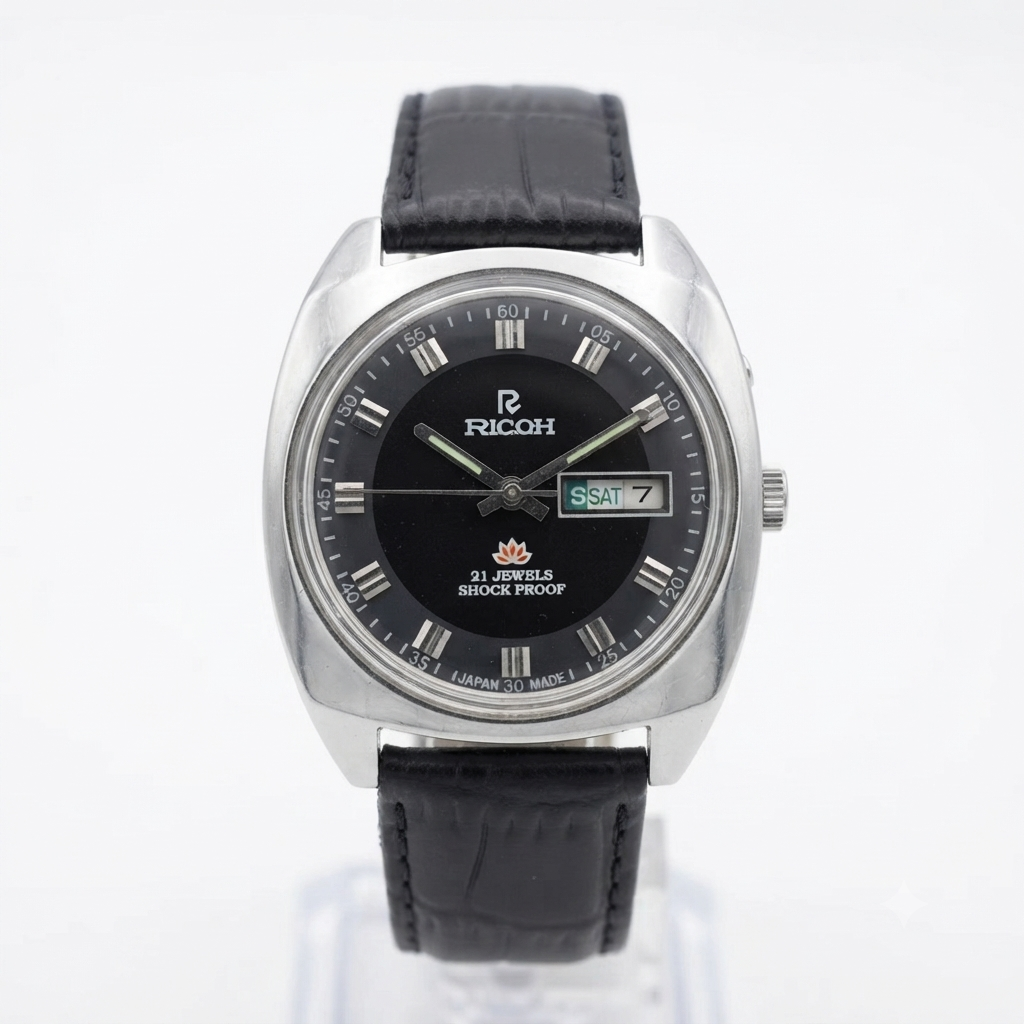 Vintage Ricoh R31 Automatic Black Face New Strap 21 Jewels Day-Date Men's Wrist Watch R104