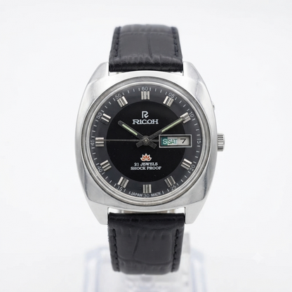 Vintage Ricoh R31 Automatic Black Face New Strap 21 Jewels Day-Date Men's Wrist Watch R104
