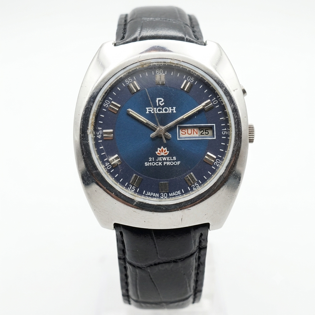 Vintage Ricoh R31 Automatic Blue Face New Strap 21 Jewels Day-Date Men's Wrist Watch R26