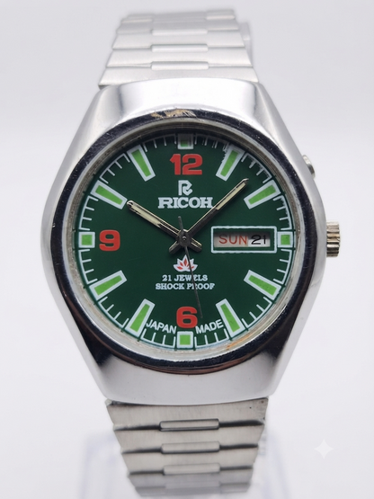 Vintage Ricoh R31 Automatic Green Face New Bracelet 21 Jewels Day-Date Men's Wrist Watch AS40