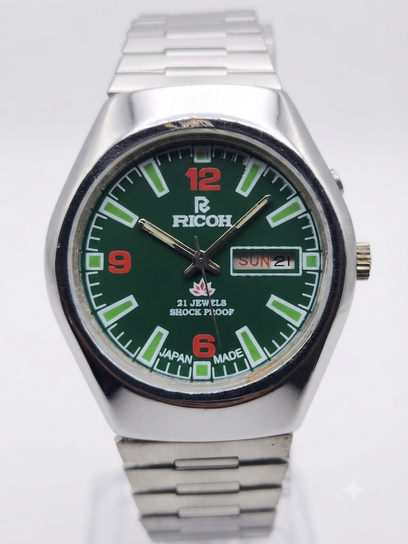 Vintage Ricoh R31 Automatic Green Face New Bracelet 21 Jewels Day-Date Men's Wrist Watch AS40