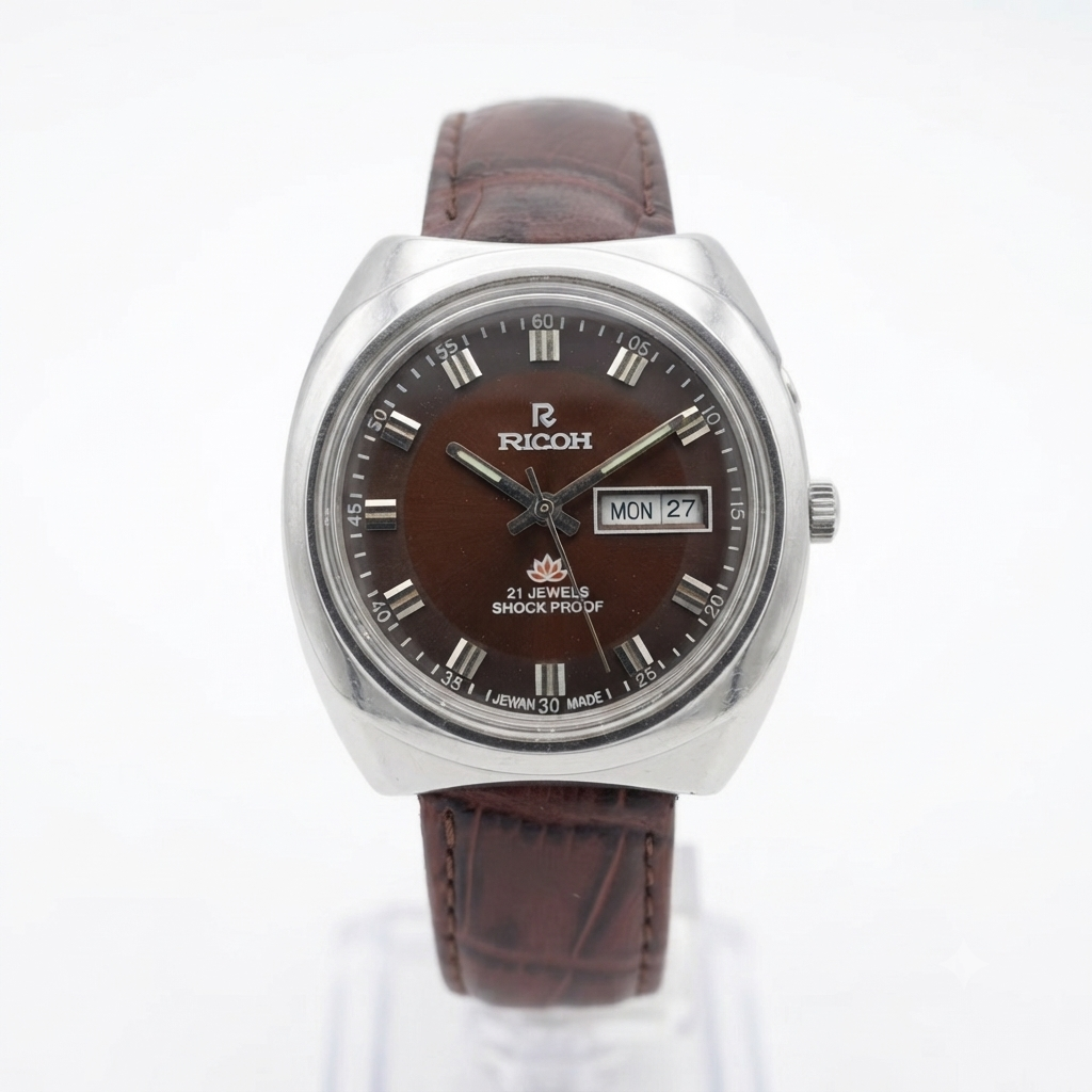 Vintage Ricoh R31 Automatic Brown Face New Strap 21 Jewels Day-Date Men's Wrist Watch R103