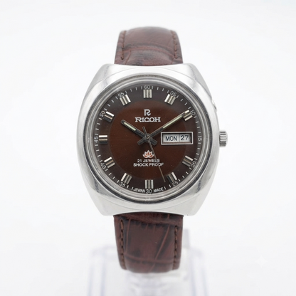 Vintage Ricoh R31 Automatic Brown Face New Strap 21 Jewels Day-Date Men's Wrist Watch R103