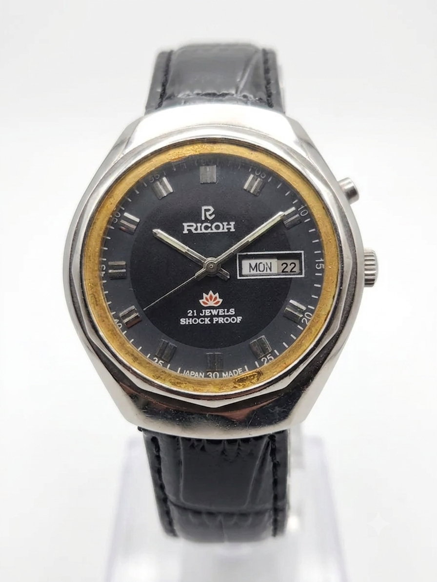 Vintage Ricoh R31 Automatic Black Face New Strap 21 Jewels Day-Date Men's Wrist Watch AS18