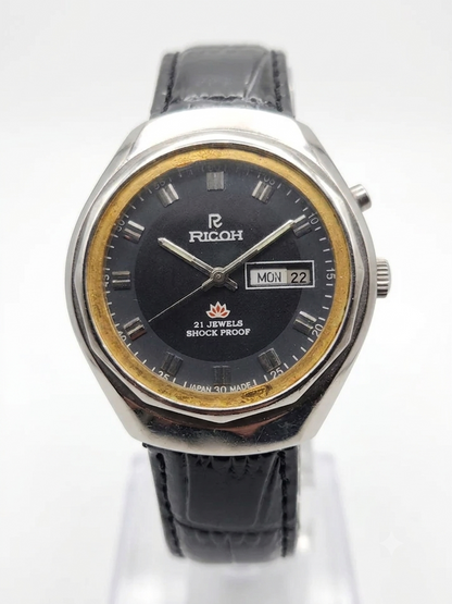 Vintage Ricoh R31 Automatic Black Face New Strap 21 Jewels Day-Date Men's Wrist Watch AS18