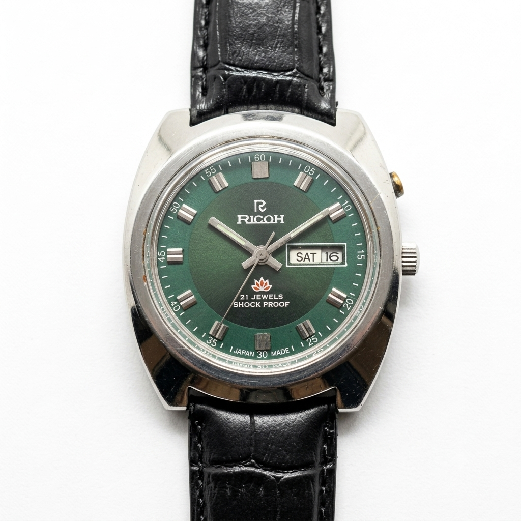 Vintage Ricoh R31 Automatic Green Face New Strap 21 Jewels Day-Date Men's Wrist Watch R18