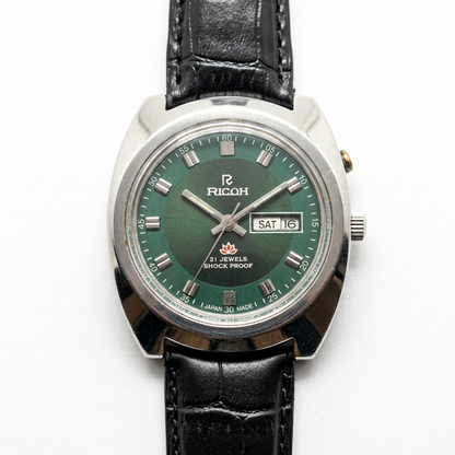 Vintage Ricoh R31 Automatic Green Face New Strap 21 Jewels Day-Date Men's Wrist Watch R18