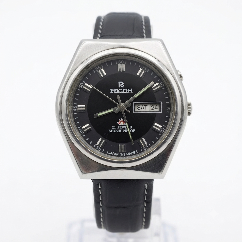 Vintage Ricoh R31 Automatic Black Face New Strap 21 Jewels Day-Date Men's Wrist Watch R109