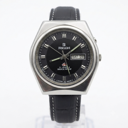 Vintage Ricoh R31 Automatic Black Face New Strap 21 Jewels Day-Date Men's Wrist Watch R109