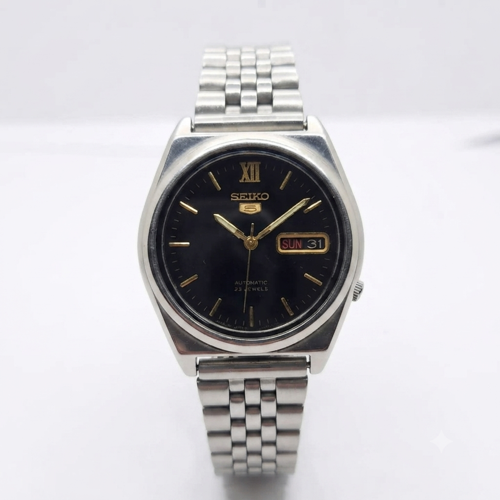 Vintage 2003 Original Seiko 5 Automatic 7s26-3040 Black face 21 Jewels Day-Date Japanese Men's Wrist Watch OG224