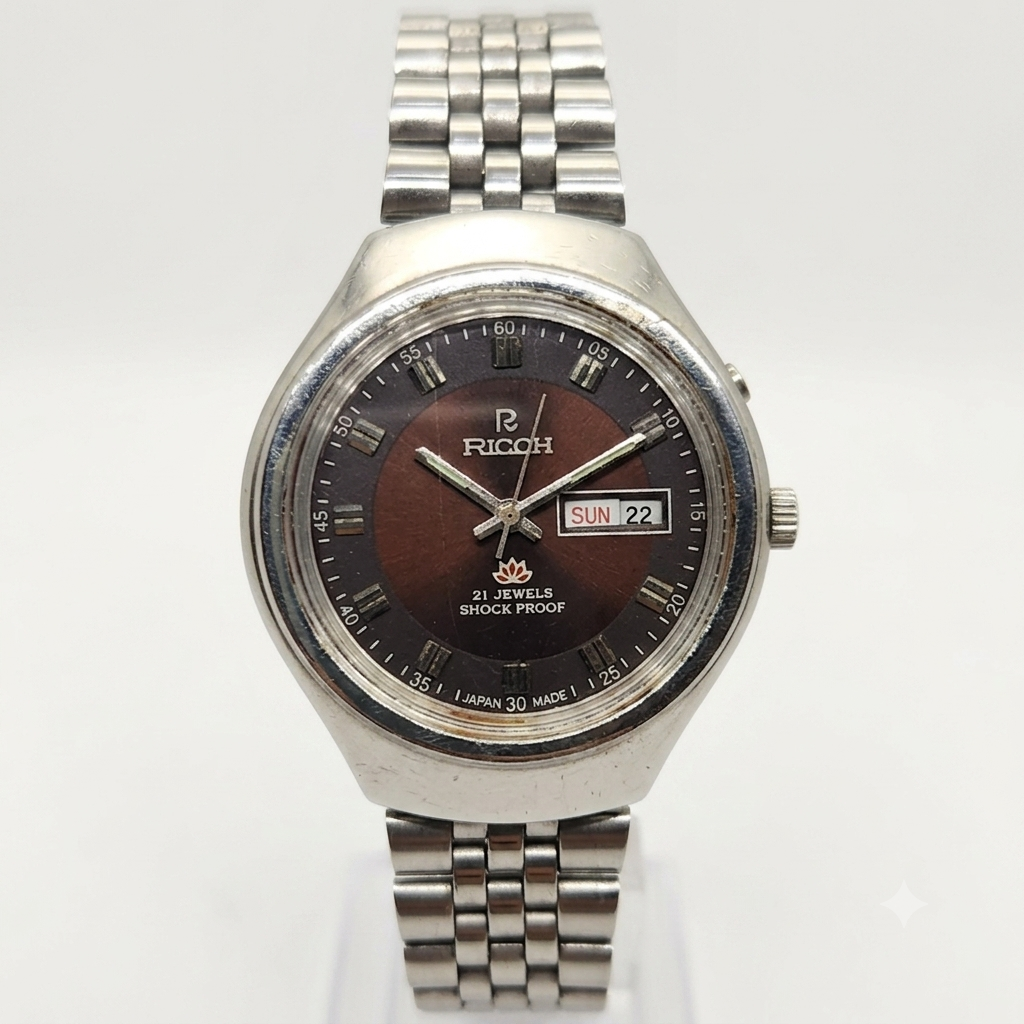 Vintage Ricoh R31 Brown Face Automatic 21 Jewels Jubliee Bracelet Men's Wrist Watch R34