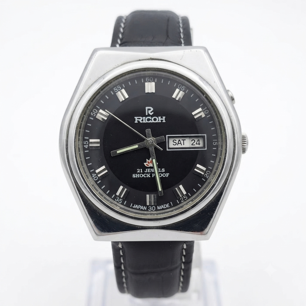 Vintage Ricoh R31 Automatic Black Face New Strap 21 Jewels Day-Date Men's Wrist Watch R108