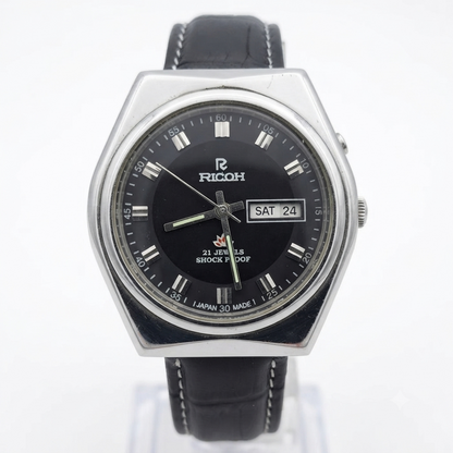 Vintage Ricoh R31 Automatic Black Face New Strap 21 Jewels Day-Date Men's Wrist Watch R108