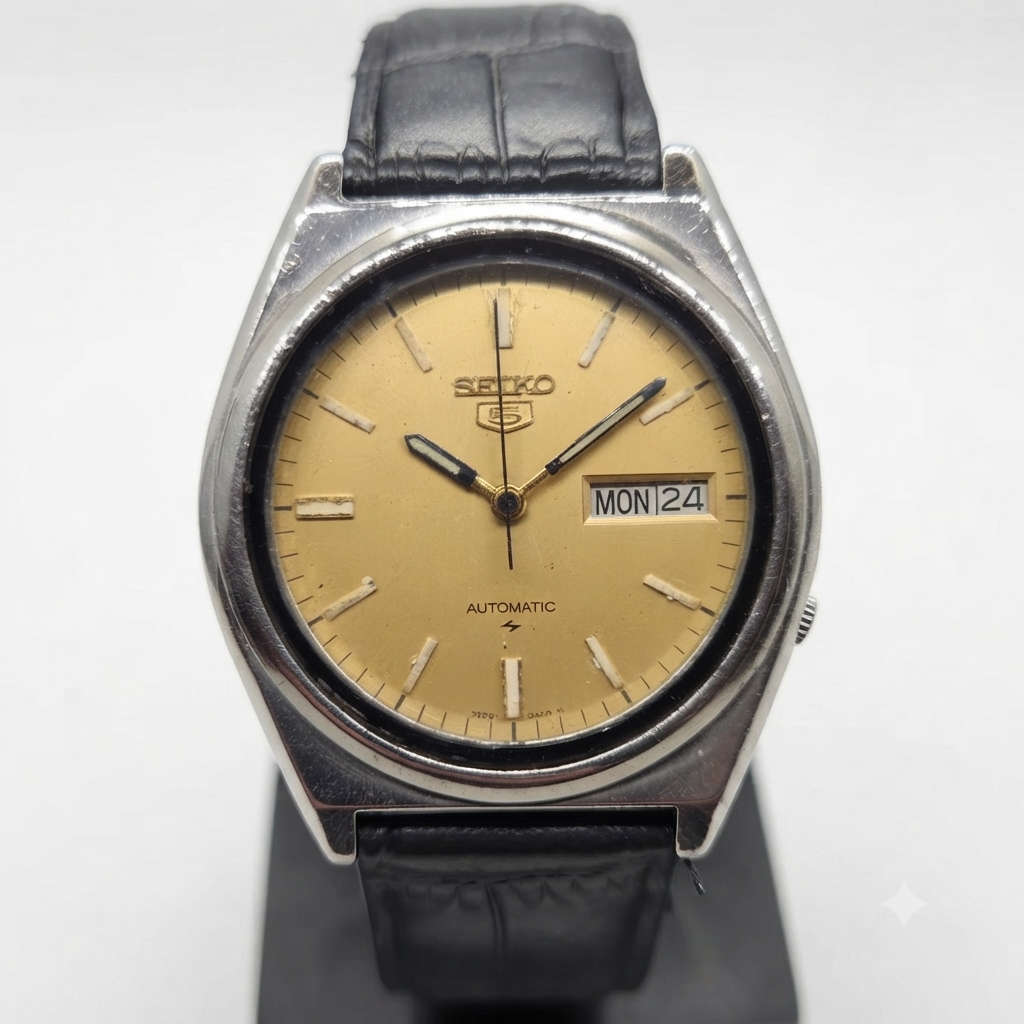 Vintage 1999 Original Seiko 5 Automatic 7S36-8280 Gold Face 23 Jewels Day-Date Japanese Men's Wrist Watch VS21