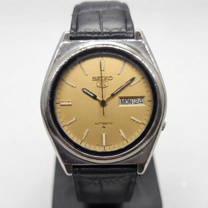 Vintage 1999 Original Seiko 5 Automatic 7S36-8280 Gold Face 23 Jewels Day-Date Japanese Men's Wrist Watch VS21