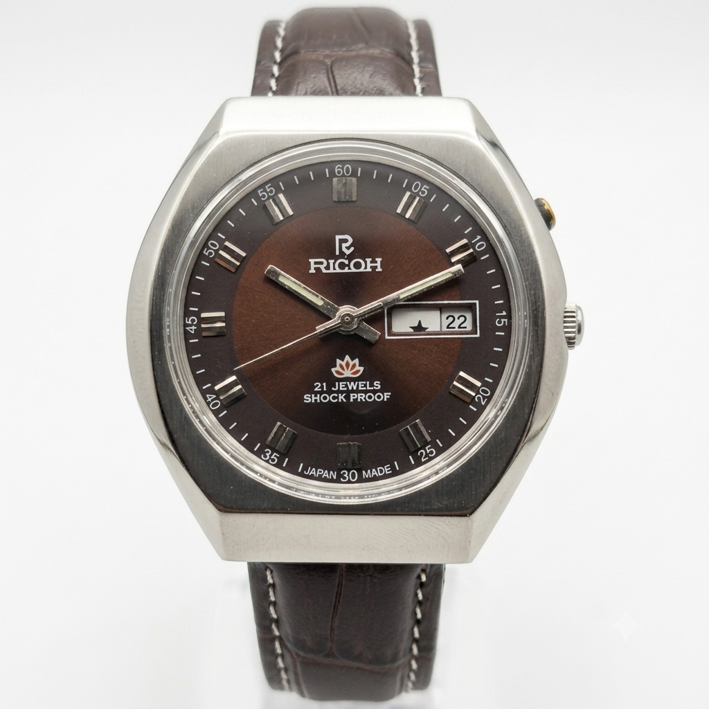 Vintage Ricoh R31 Automatic Brown Face New Strap 21 Jewels Day-Date Men's Wrist Watch R24