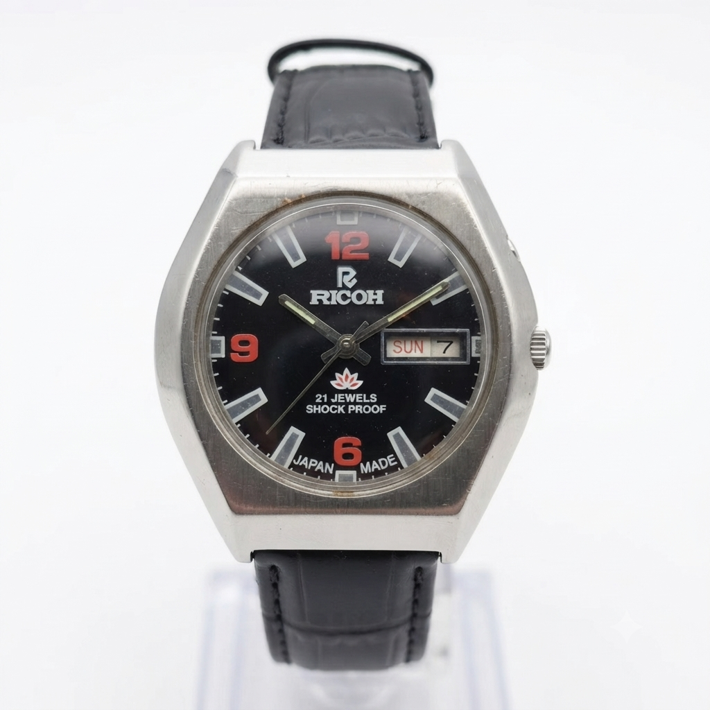 Vintage Ricoh R31 Automatic Black Face New Strap 21 Jewels Day-Date Men's Wrist Watch R113