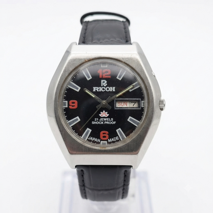 Vintage Ricoh R31 Automatic Black Face New Strap 21 Jewels Day-Date Men's Wrist Watch R113
