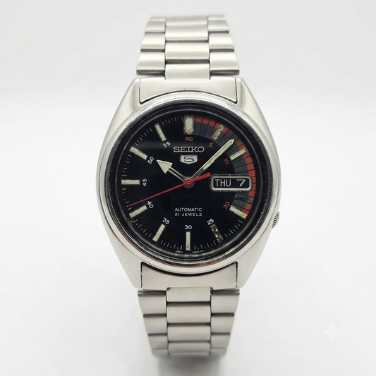 Vintage 1981 Original Seiko 5 Automatic 7S26 Black Face 17 Jewels Day-Date Japanese Men's Wrist Watch OG220