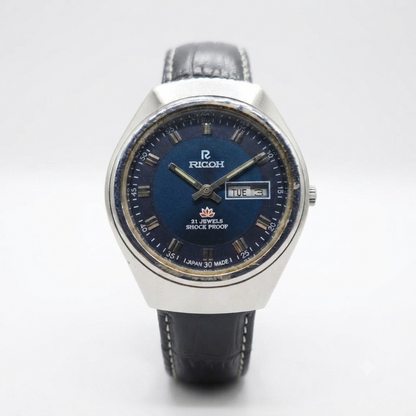 Vintage Ricoh R31 Automatic Blue Face New Strap 21 Jewels Day-Date Men's Wrist Watch R02