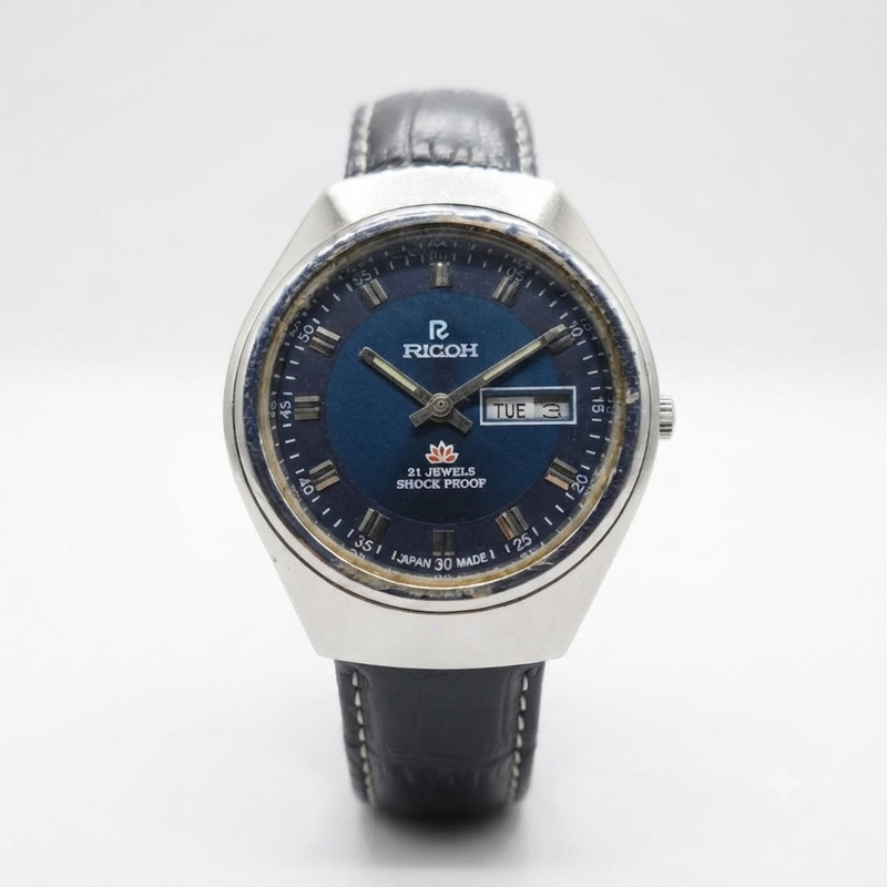 Vintage Ricoh R31 Automatic Blue Face New Strap 21 Jewels Day-Date Men's Wrist Watch R02
