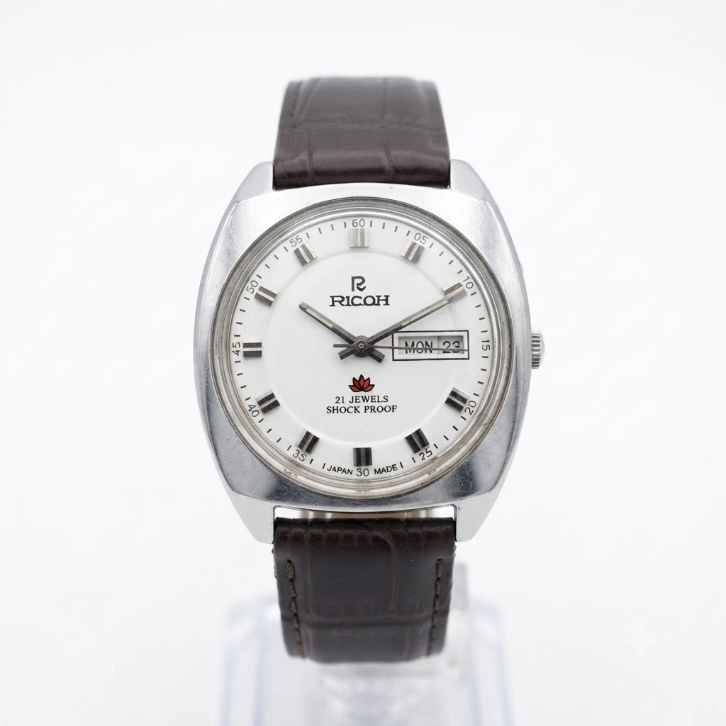 Vintage Ricoh R31 Automatic White Face New Strap 21 Jewels Day-Date Men's Wrist Watch R95