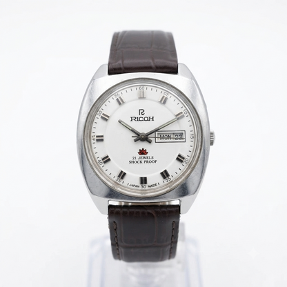 Vintage Ricoh R31 Automatic White Face New Strap 21 Jewels Day-Date Men's Wrist Watch R95