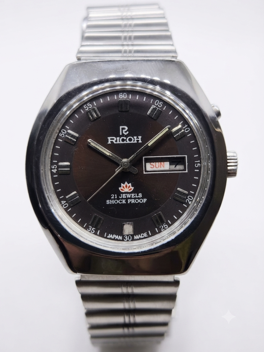 Vintage Ricoh R31 Automatic Brown Face New Bracelet 21 Jewels Day-Date Men's Wrist Watch AS39