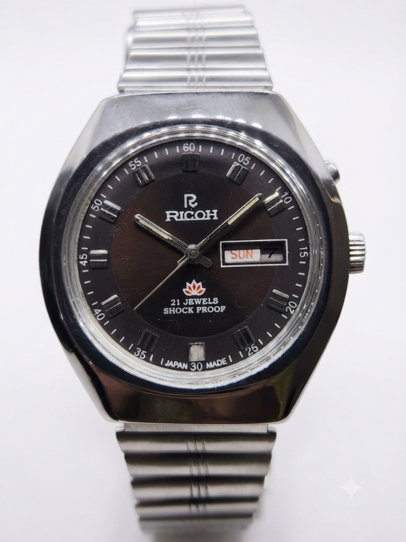Vintage Ricoh R31 Automatic Brown Face New Bracelet 21 Jewels Day-Date Men's Wrist Watch AS39