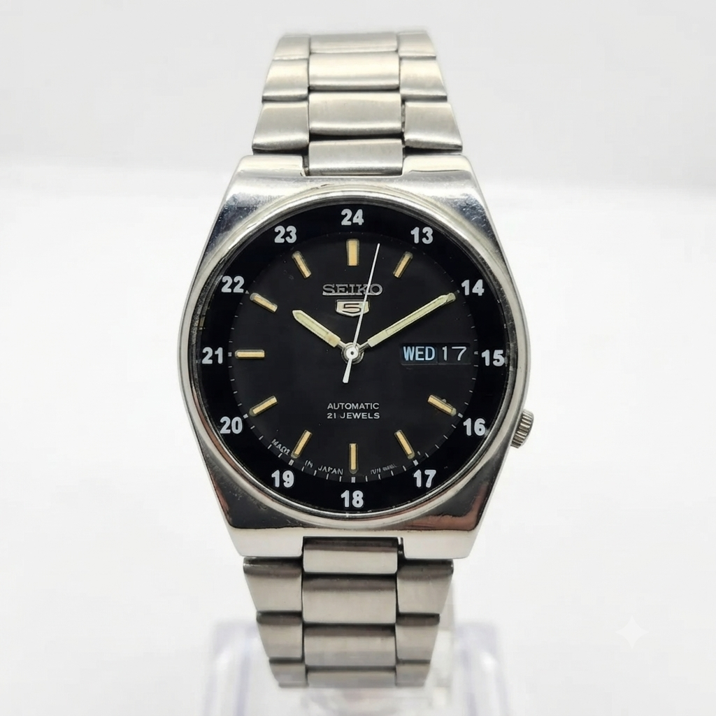 Vintage 1975 Original Seiko 5 Automatic 7019-8231 Black face 21 Jewels Day-Date Japanese Men's Wrist Watch OG279