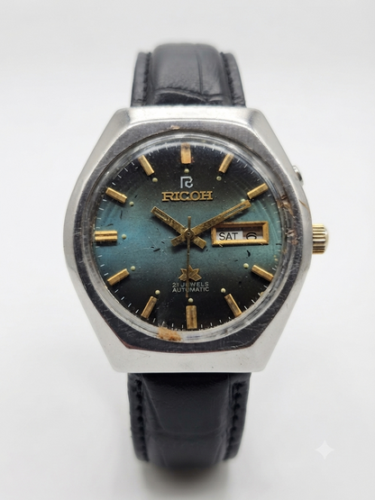 Vintage Ricoh R31 Automatic Green Face New Strap 21 Jewels Day-Date Men's Wrist Watch AS36