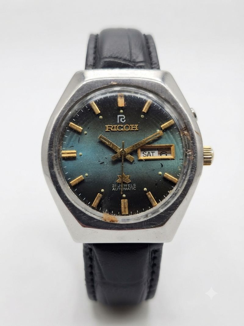 Vintage Ricoh R31 Automatic Green Face New Strap 21 Jewels Day-Date Men's Wrist Watch AS36