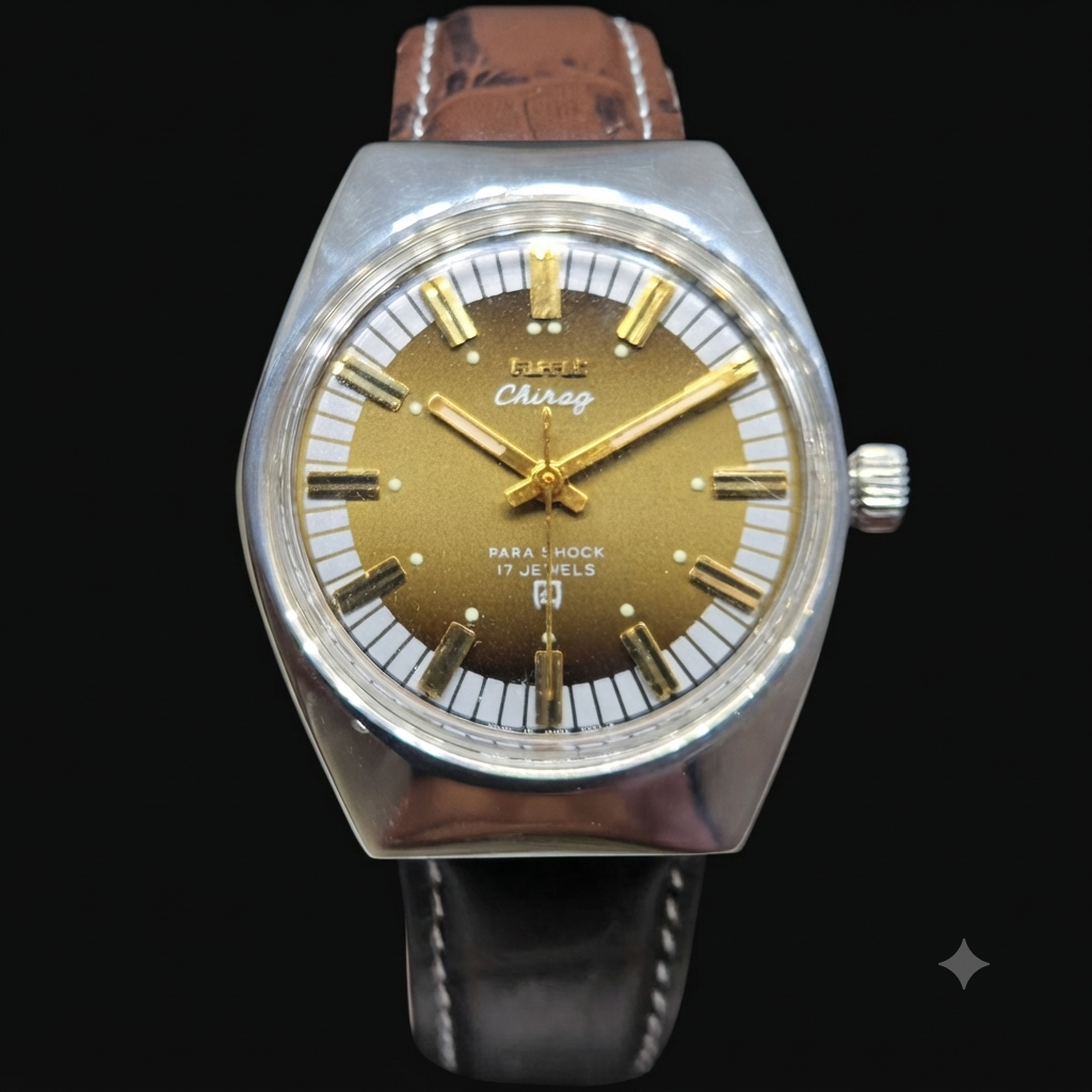 Vintage Original HMT Chirag Hand Winding 17 Jewels Brown Face Men's Wrist Watch HM59