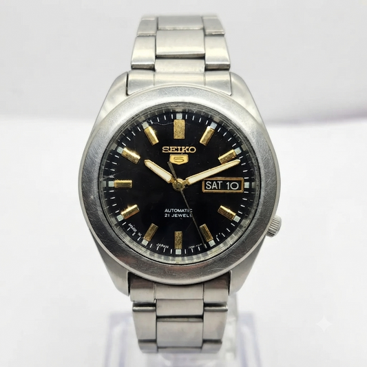 Vintage 1980 Original Seiko 5 Automatic 7S26-03X0 Black Face 21 Jewels Day-Date Japanese Men's Wrist Watch OG314