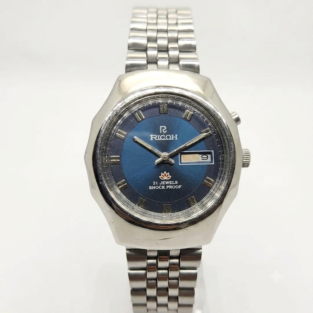 Vintage Ricoh R31 Blue Face Automatic 21 Jewels Jubliee Bracelet Men's Wrist Watch R39