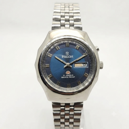 Vintage Ricoh R31 Blue Face Automatic 21 Jewels Jubliee Bracelet Men's Wrist Watch R39