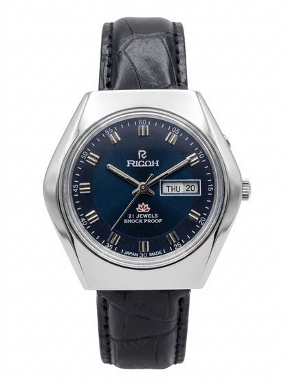 Vintage Ricoh R31 Automatic Blue Face New Strap 21 Jewels Day-Date Men's Wrist Watch AS27