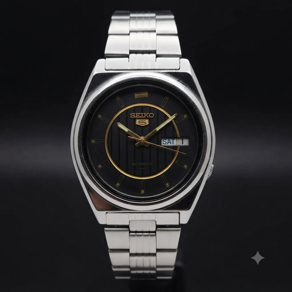 Vintage 1974 Original Seiko 5 Automatic 7019-8180 Black face 21 Jewels Day-Date Japanese Men's Wrist Watch OG261