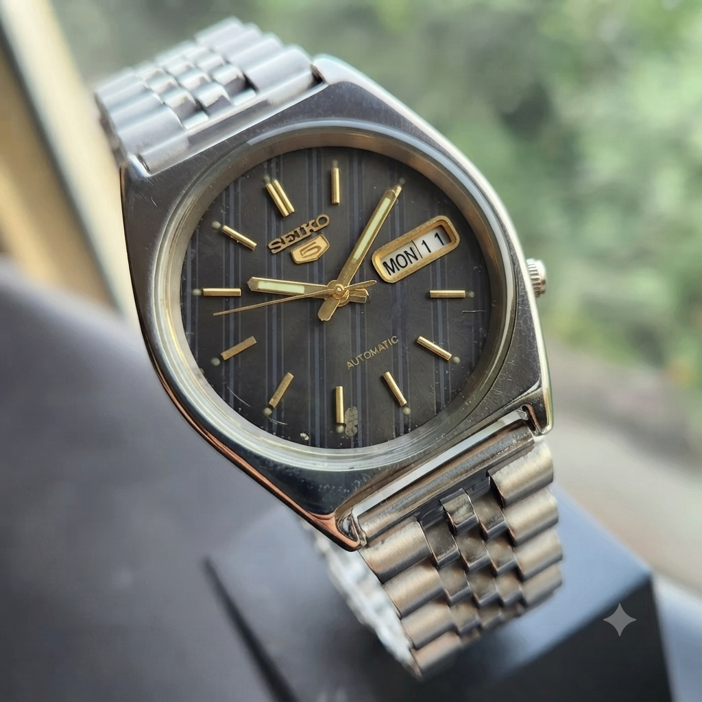 Vintage 1976 Original Seiko 5 Automatic 7009-3090 Black Face 17 Jewels Day-Date Japanese Men's Wrist Watch SK15
