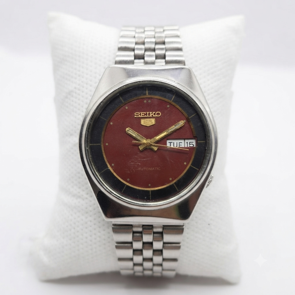 Vintage 1983 Original Seiko 5 Automatic 6309-8910 Red Face 17 Jewels Day-Date Japanese Men's Wrist Watch SA44
