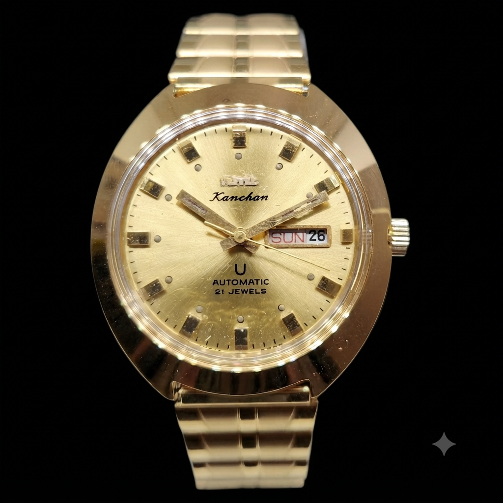 Vintage Mod HMT Kanchan Automatic 21 Jewels Glass back Gold Face Day-Date Men's Wrist Watch