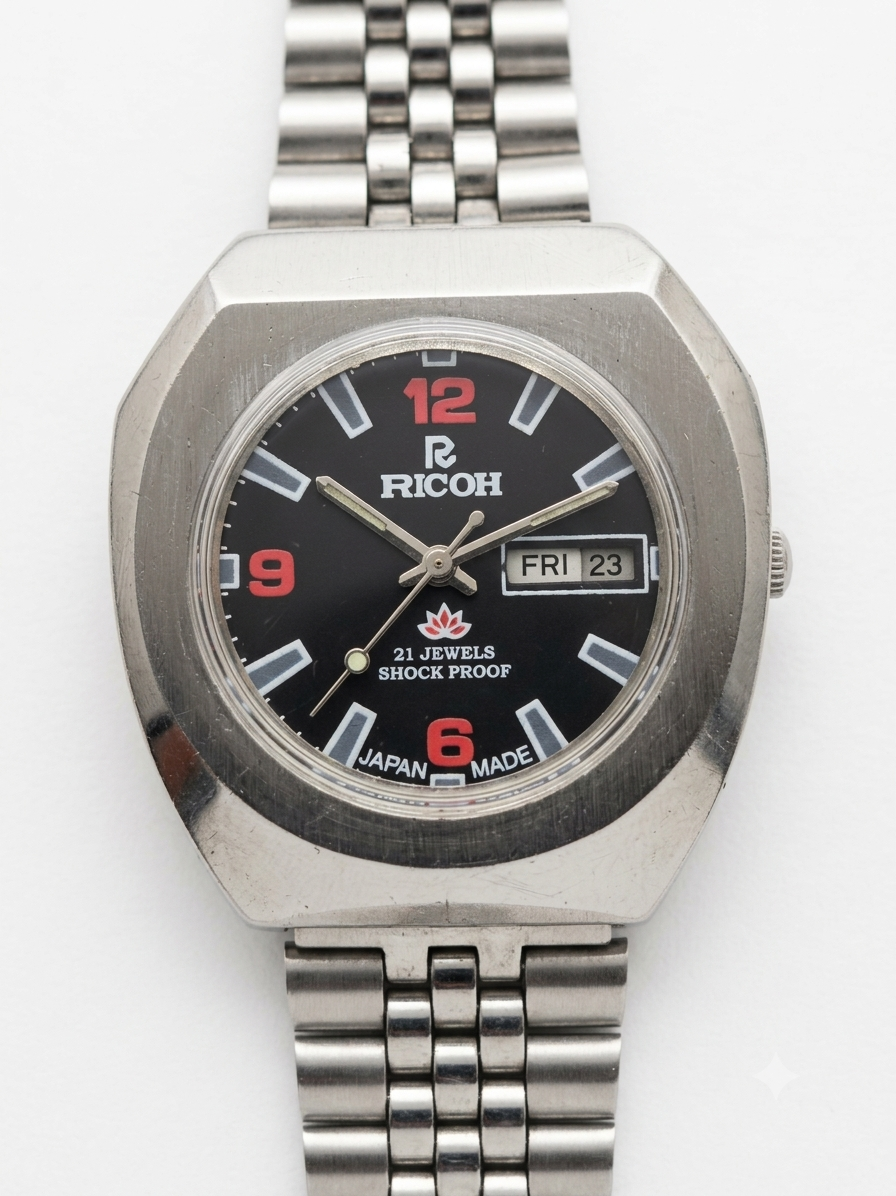 Vintage Ricoh R31 Automatic Black Face New Bracelet 21 Jewels Day Date Men's Wrist Watch AS02